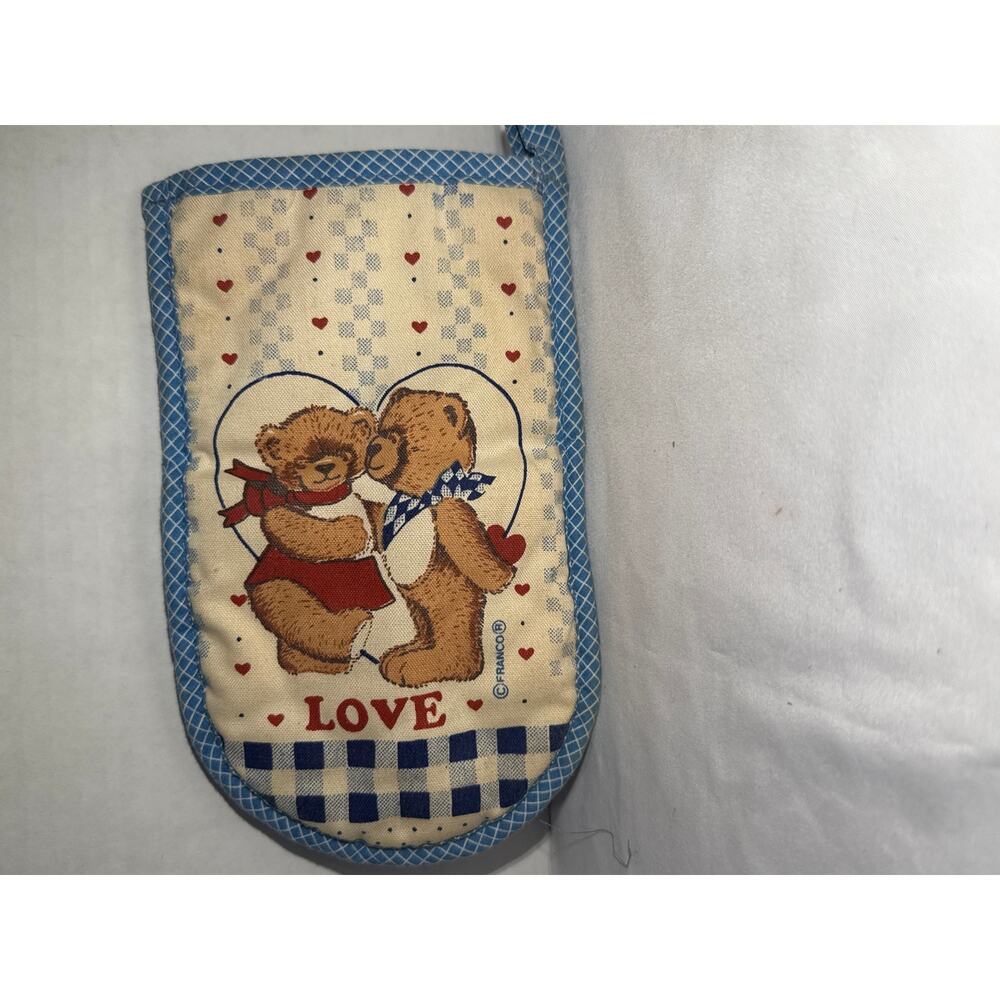Enesco Teddy Bear LOVE Double Oven Mitt Blue Quilted Kitchen Potholder Vintage